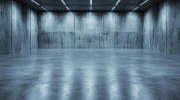 Minimalist concrete room with sleek reflective floor photo