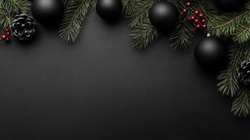 Elegant Black Christmas Ornaments and Pine Branches on Dark Surface photo