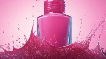 Vibrant Pink Nail Polish Bottle with Dramatic Splash Effect photo