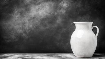 A white pitcher stands on a textured surface against a dark backdrop photo