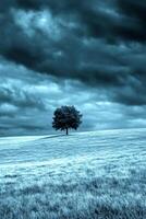 A solitary tree stands against a dramatic and moody sky photo