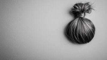 A monochrome study of styled hair captured in a simple tied arrangement on gray. photo