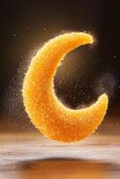 A golden onion ring shaped like a crescent with a sugary sparkling texture photo