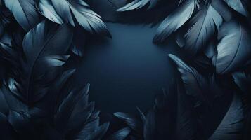 A collection of dark blue feathers arranged in a circular pattern on a dark background photo