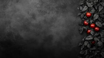 Textured Black Surface Accented by Bright Cherry Tomato Growth photo