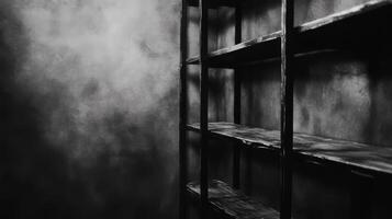 Grayscale Shelving Unit Against Textured Wall photo
