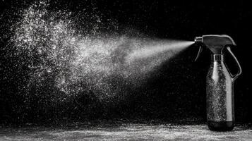 Dark Spray Bottle Emits Fine Mist Against Black Backdrop photo