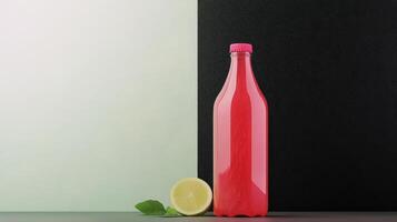 Red Bottle Against Split Color Backdrop photo