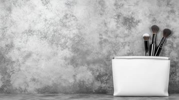 Makeup Brushes in a White Cosmetic Pouch photo