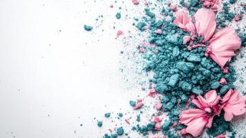 Makeup Powder and Pink Flowers on a Light Backdrop photo