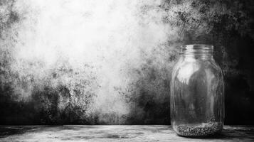 Clear glass jar with dark granules on textured surface photo