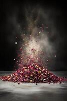 Heap of Red and Yellow Petals with Dust Cloud on Dark Surface photo