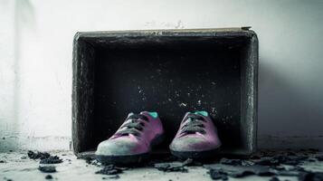 Worn Pink Sneakers in a Neglected Cardboard Box photo