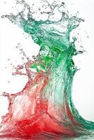 Dynamic water splash reveals vibrant red and green hues, motion captured photo