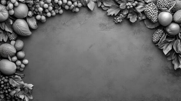 Monochrome Fruit and Foliage Border on Gray Surface photo