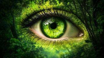 Green Eye Merged with a Lush Forest Scene photo