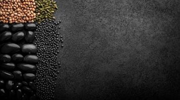 Textured Black Background with Assorted Seeds and Stones photo