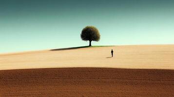 Solitary Figure and Tree on Two Tone Field photo