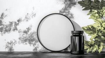 Round Mirror and Black Jar on Textured Surface photo