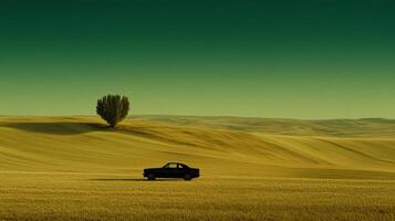 Solitary Car on Golden Field Under Green Sky photo