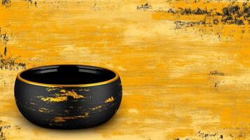 Black and Gold Bowl on a Yellow Backdrop photo