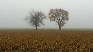 Two Trees in a Foggy Field Landscape photo