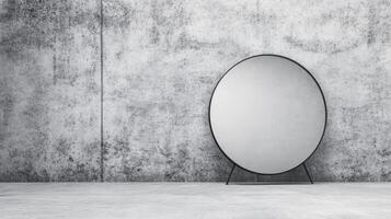 A mirror standing on the floor against a concrete wall photo