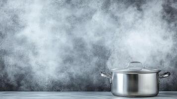 Stainless Steel Pot with Steam on a Gray Background photo
