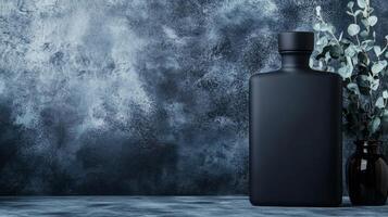Black Bottle and Green Sprigs on a Dark Background photo