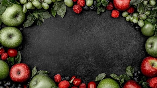 Black Background Surrounded by Fresh Assorted Fruits photo