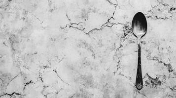 A Shiny Silver Spoon Resting on a Mottled Gray and White Surface photo