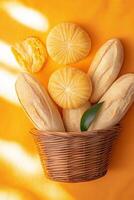 Fresh Baked Breads in a Woven Basket on a Bright Yellow Surface photo
