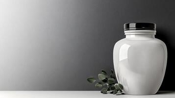 White Ceramic Bottle with Black Cap and Leaves on Gray Background photo