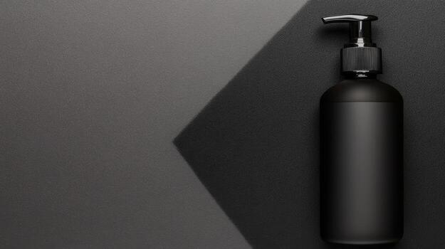 Black Matte Bottle with Pump on Geometric Background photo