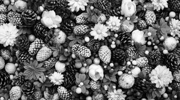 Monochrome Floral Arrangement with Pine Cones and Flowers photo