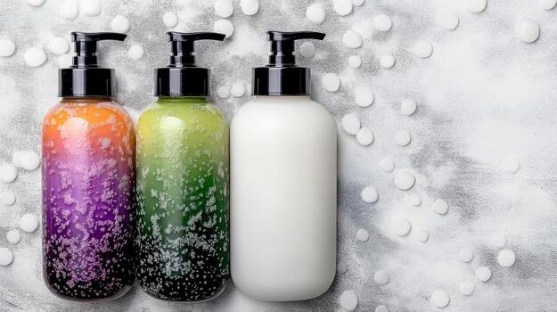 Three Cosmetic Bottles with Pumps on a Textured Gray Background photo