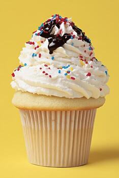 Vanilla Cupcake with White Frosting, Chocolate Sauce, and Sprinkles on a Yellow Background photo