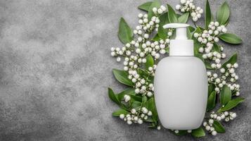 lily of the valley flowers and bottle of cosmetic cream on concrete background photo