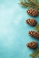 Pine Cones and Needles on Light Blue Surface, Fir Cones photo