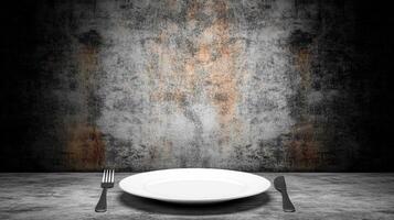 Empty White Plate on a Rustic Table with Cutlery photo