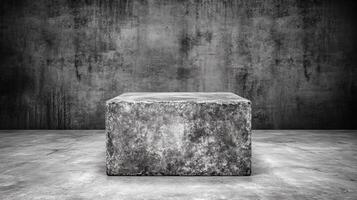 Textured Stone Cube on a Distressed Floor Against a Grungy Wall photo