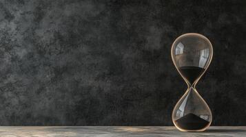 Glass Hourglass with Dark Sand on Rough Dark Gray Background photo