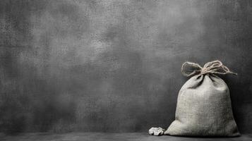 Jute Bag with Tied Rope on Grungy Gray Floor, Sack with Rough Texture Against Dark Wall photo