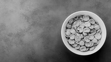 Monochrome Cereal Bowl on Textured Gray Surface, Top-Down View photo