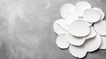 Scattered White Petal-Like Flakes on a Textured Gray Surface photo
