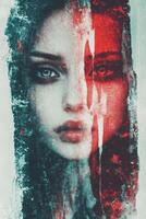 Split-Face Abstract Portrait with Contrasting Teal and Crimson Hues photo