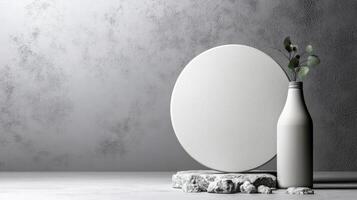 Textured Grey Background with White Circle and Plant in Vase photo