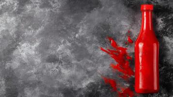 Red Sauce Bottle on Gray Textured Background photo