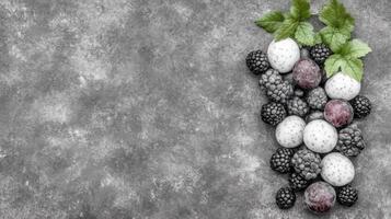 Mixed Berries and White Chocolate Balls with Green Leaves on a Gray Textured Surface photo