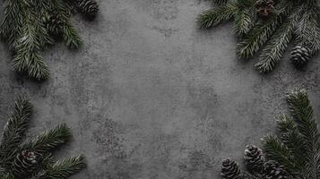 Frosty Pine Branches and Cones Framing a Rough Gray Stone Surface photo